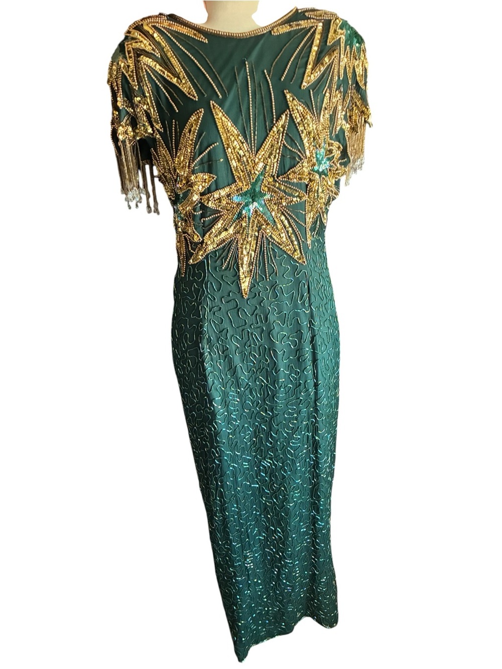 Silk Vtg 80s Gown Heavy Gold Embellishment Cap Sleeve W Dangle Beading Large
